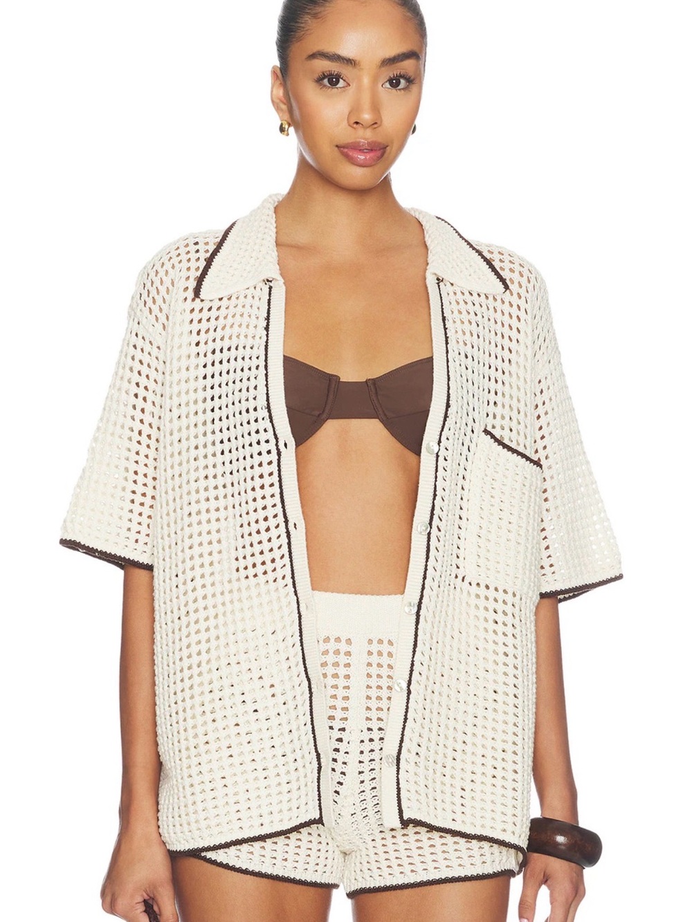 LSPACE X Salty Blonde Scout Set  in Cream & Espresso Shirt & Shorts Small - Picture 2 of 2